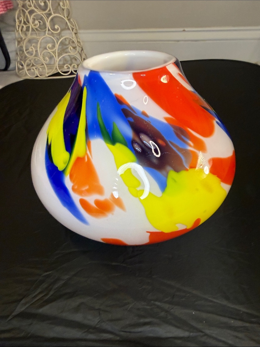 Eastern Art Glass Hand Blown Vase Vibrant Multicolor Splash 6.5" T W with Label